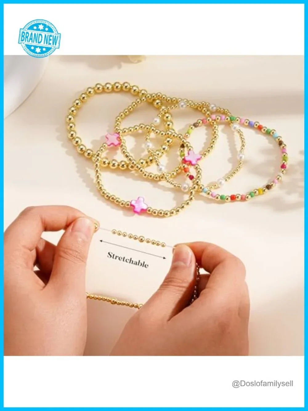 14K Gold Plated Stretch Beaded Bracelet Set - Cross Charm Elastic Pearl